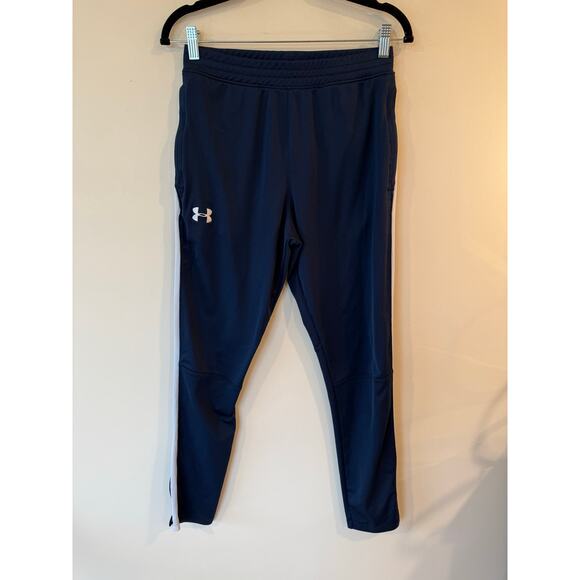 Under Armour Track Pants Mens Medium Navy Fitted Tapered Ankle Zip Drawstring - Picture 1 of 12